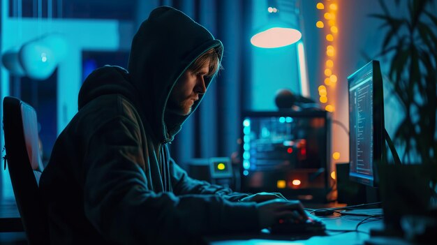 Hacker begeht eine digitale Cyberkriminalität vor einem Computer