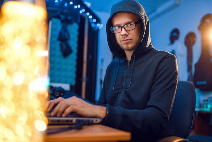 Foto hacker en campana en su lugar de trabajo con computadora portátil y de escritorio, piratería web o corporativa, usuario de darknet.
