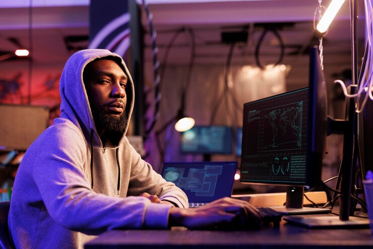 Foto hacker en el capó pirateando el sistema informático y mirando la cámara. joven afroamericano violando la ley y violando datos mientras trabaja hasta tarde en un retrato de almacén abandonado