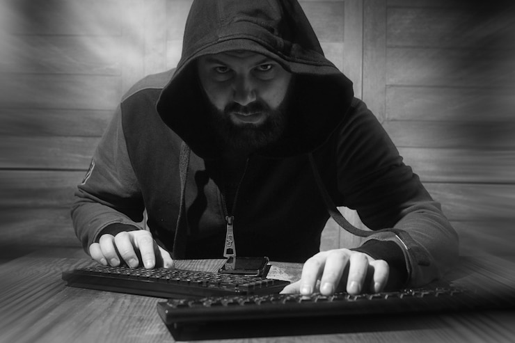 Foto el hacker en el capó se sienta y trabaja detrás de la computadora.