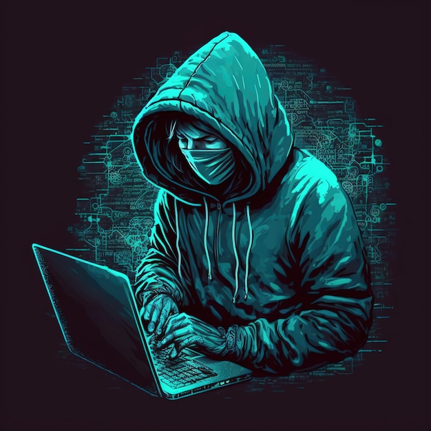 Hacker en el capó usando Internet para hackear el servidor de la computadora Luz azul brillante generada por Ai