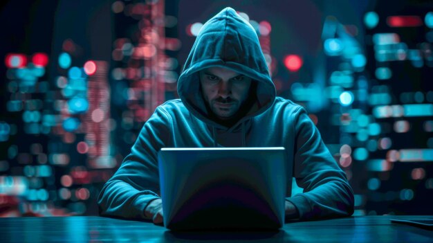 Hacker con capucha escribiendo en una computadora portátil en una habitación oscura