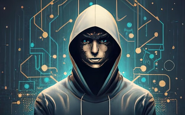 Hacker con capucha en fondo oscuro con IA generativa