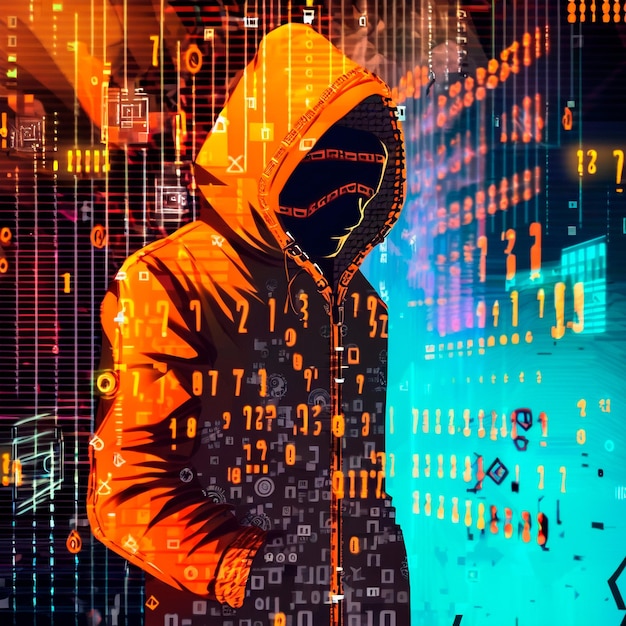 Hacker con capucha naranja Genio del mundo de la informática Números y Matrix