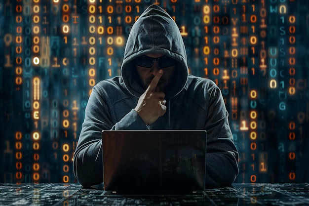 Hacker con capucha sentado en una computadora portátil con un fondo oscuro y código binario una silueta