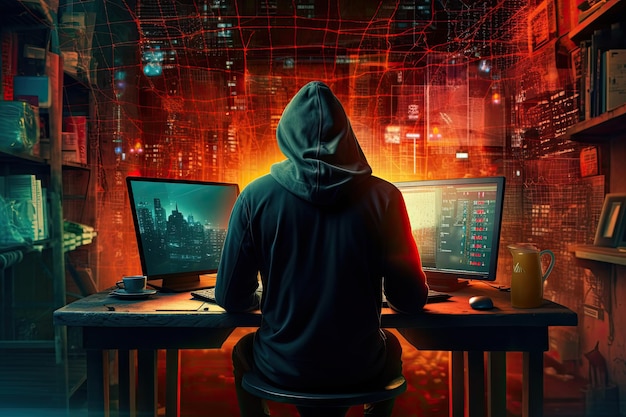 Hacker con capucha sentado en el escritorio con computadora en una habitación oscura Protección de seguridad de Internet contra ataques de piratas cibernéticos y concepto de seguridad de red generado por IA