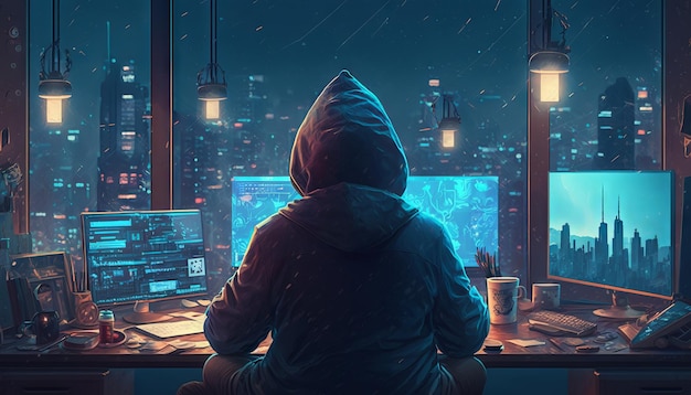 Un hacker con capucha sentado frente a un monitor de computadora y mirando la ciudad por la noche El concepto de ciberdelincuencia y piratería IA generativa