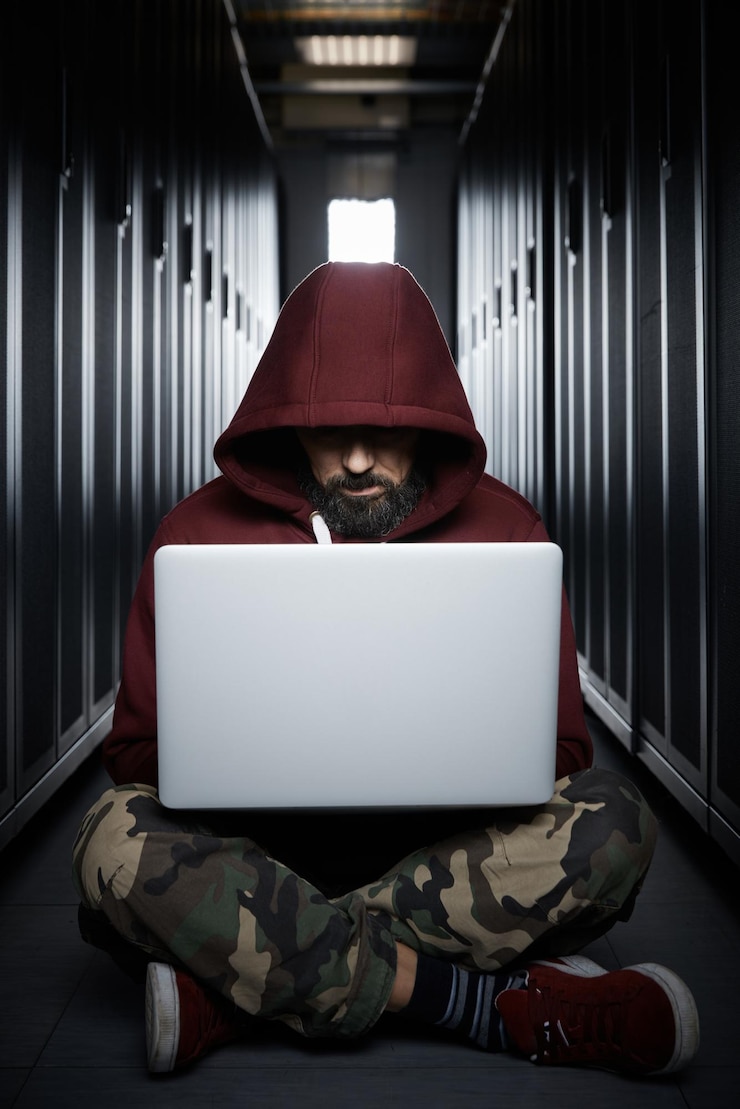 Foto el hacker con capucha se sienta con la computadora entre servidores, la cara del ladrón cubierta con una capucha