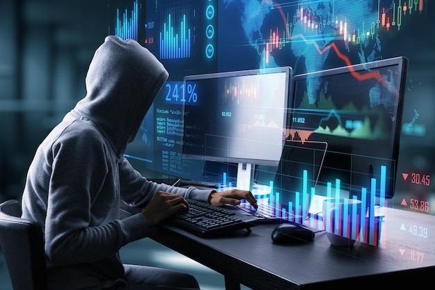 Hacker con capucha usando computadoras en el escritorio con interfaz de comercio de gráficos de divisas brillantes en un fondo borroso Hacker de mercado malware robo de datos economía y concepto de intercambio de datos Doble exposición