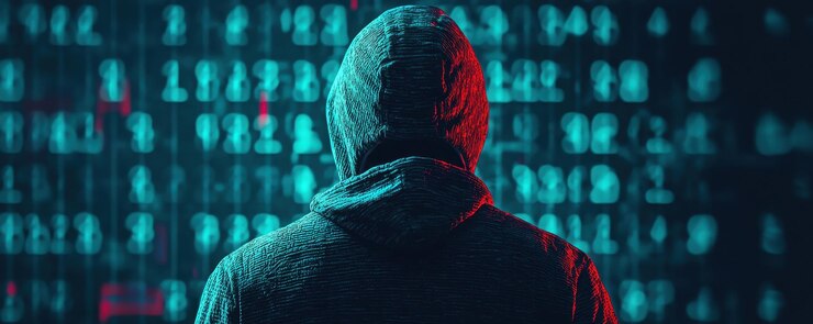 Foto hacker con capucha se ve desde atrás rodeado de datos digitales brillantes y código la atmósfera es tensa y misteriosa destacando el mundo de la ciberseguridad y la piratería