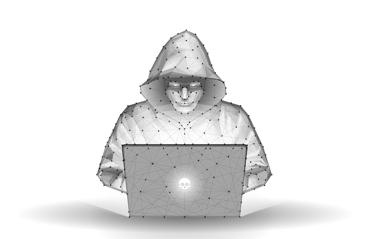 Hacker cibercriminal con portátil y iconos relacionados detrás de él cibercrimen actividad hacker ddos