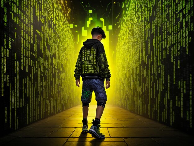 Foto hacker cibernético ladrón de capucha en la ciudad futuro cibernético hacker y concepto de malware hacker código interf digital