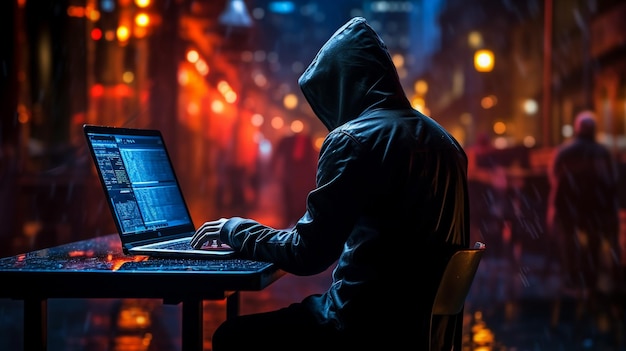 Hacker com capuz abstrato com rosto escondido trabalhando em laptopTecnologia de fundo cyberpunk Cinemati