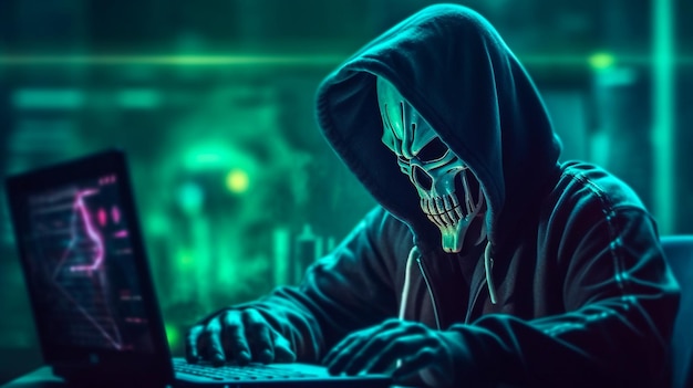 Hacker com capuz abstrato com rosto escondido trabalhando em laptopTecnologia de fundo cyberpunk Cinemati