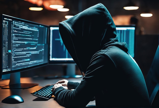hacker com capuz com capuz e computador na sala hacking de crimes cibernéticos concepthacker com capuz wi