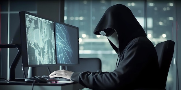 Hacker com capuz Conceito de imagem gerada por IA de ataque cibernético de cibercrime na dark web