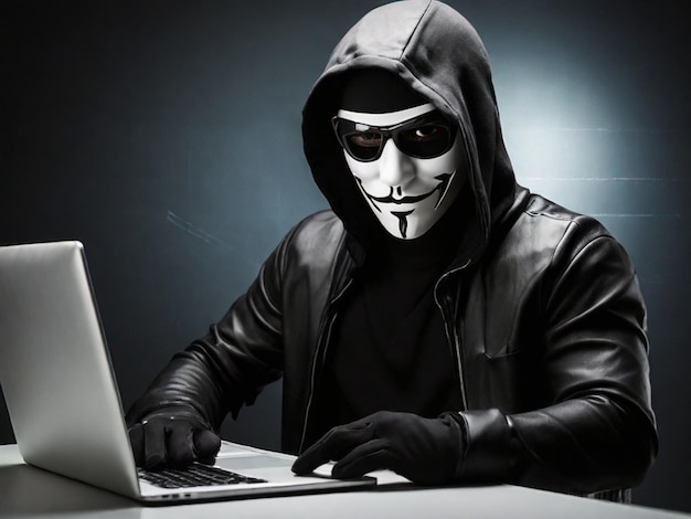 Hacker com capuz usando computador para ciberataque conceito de cibercrime