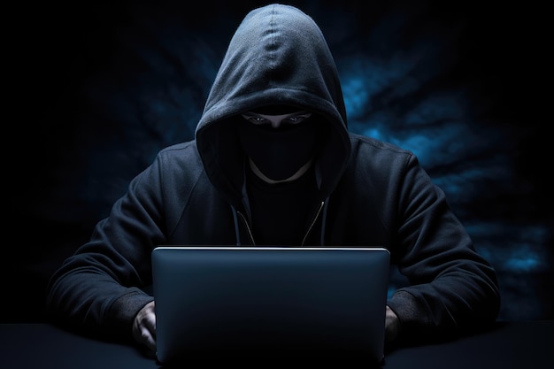 Hacker com laptop em capuz tema escuro generativo ai