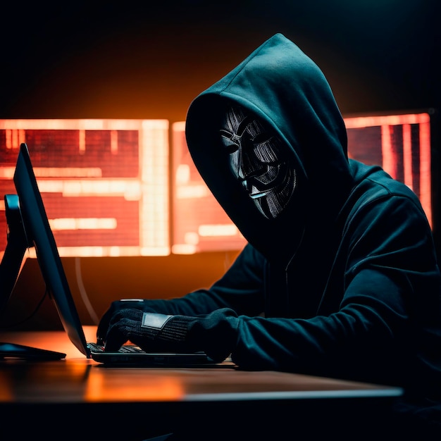 Hacker com máscara a roubar informações do computador portátil.