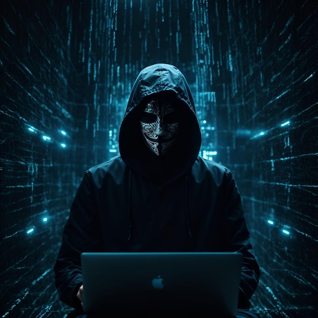 Hacker con una computadora frente al fondo del código binario Concepto de seguridad informática