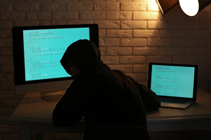 Foto hacker con computadora y laptop