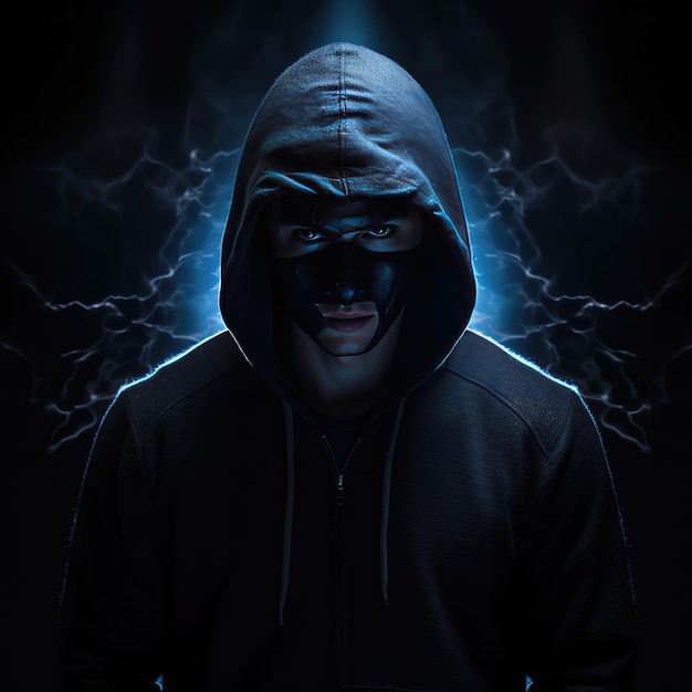 Hacker con computadora portátil con capucha tema oscuro generativo ai