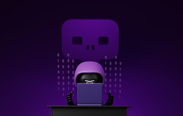 Hacker con computadora portátil y símbolo de ciberseguridad renderizado en 3D