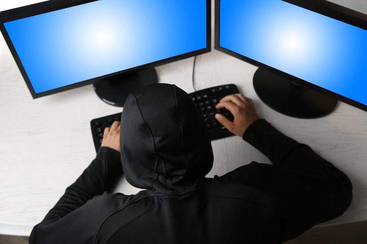 Foto hacker con computadoras en la habitación