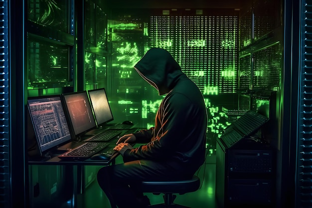 Hacker y concepto de seguridad cibernética Hacker encapuchado en el trabajo