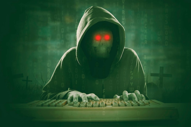 Foto hacker y concepto de seguridad de internet hacker con capucha escribiendo en el teclado y símbolo de calavera digital brillante doble exposición