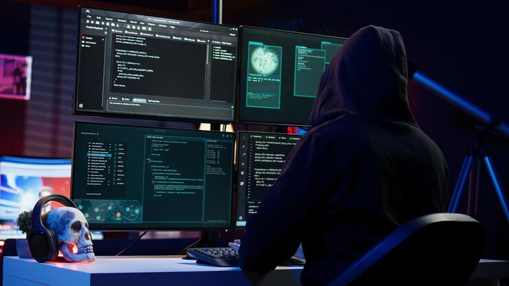 Foto hacker construyendo un guión capaz de engañar a los cortafuegos de cerca