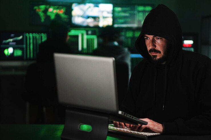 Foto hacker criminal masculino encapuchado que usa una computadora portátil para romper la seguridad del firewall en el fondo muchas pantallas de computadora concepto de pishing
