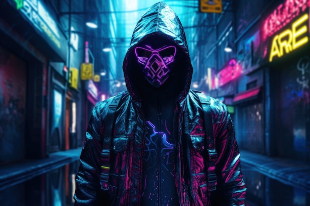 Hacker Cyberpunk en un callejón lleno de luces de neón IA generativa