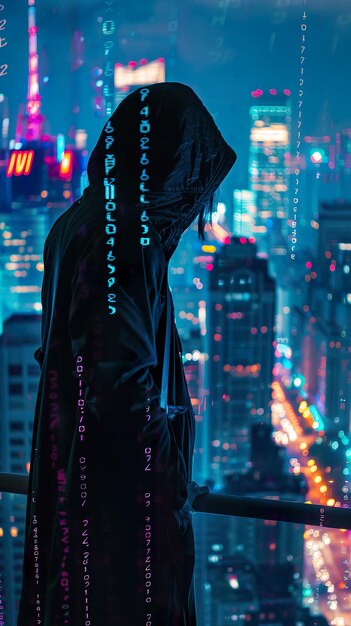 Hacker cyberpunk con una capa encapuchada