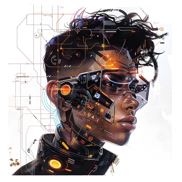 Hacker Cyberpunk futurista Diseño detallado de personajes en el estilo visionario de Syd Meads