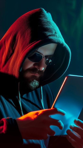 Hacker de chapéu preto com capuz usando tablet