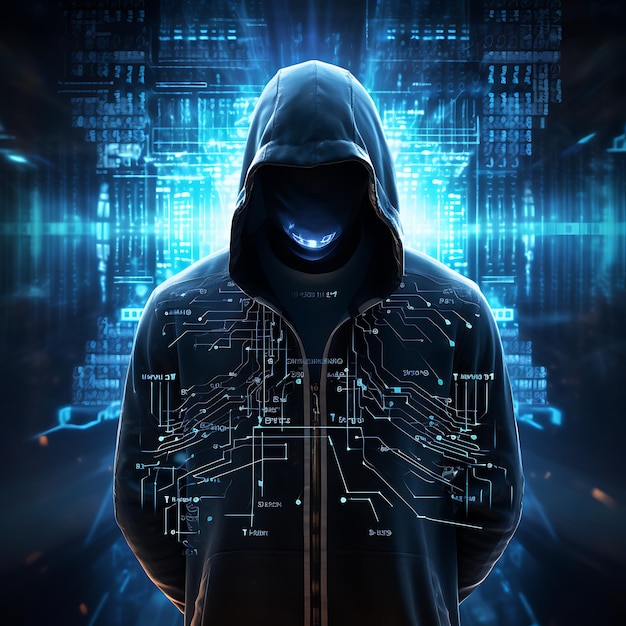 Hacker de computador com capuz Rosto escuro obscurecido Ladrão de dados espião fraude na internet segurança cibernética