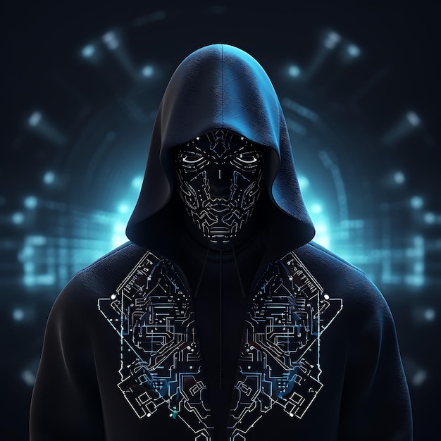 Foto hacker de computador com capuz rosto escuro obscurecido ladrão de dados espião fraude na internet segurança cibernética