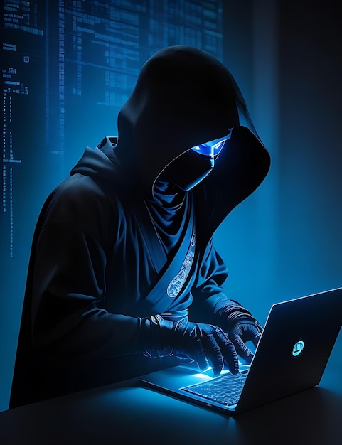 Hacker de computador encapuzado a roubar informações com um portátil gerado por IA.