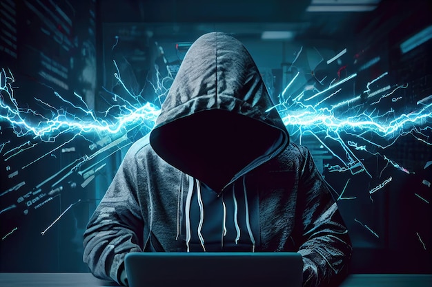Hacker de moletom está digitando código para derrubar a rede na velocidade da luz