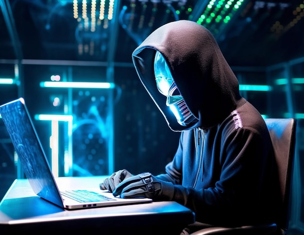 Hacker de robô anônimo Conceito de hacking cibersegurança cibercrime ataque cibernético dark web etc