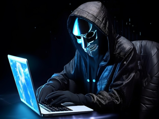 Hacker de robô anônimo Conceito de hacking cibersegurança cibercrime ataque cibernético dark web etc