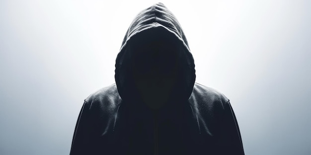 Hacker de silhueta solitária com capuz isolado na escuridão com fundo branco. Amplo espaço para texto.