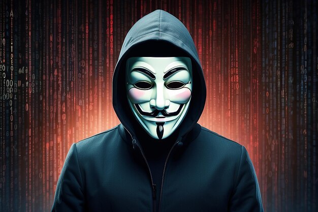 Foto hacker, der eine anonyme maske trägt und mit binärcode im hintergrund geld stiehlt