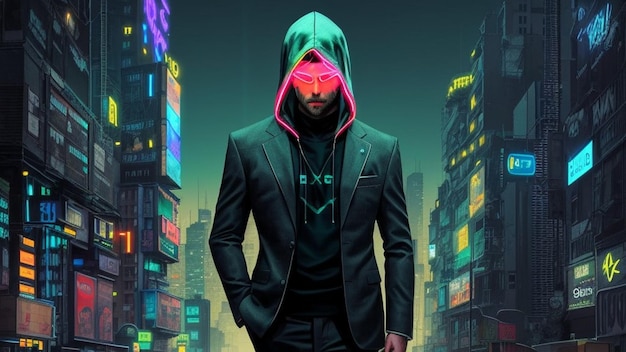 Hacker em frente a uma cidade cyberpunk futurista mundo futuro