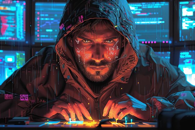 Hacker em um capuz com o capuz no estilo de cyberpunk em uma sala de computador fundo com bacalhau