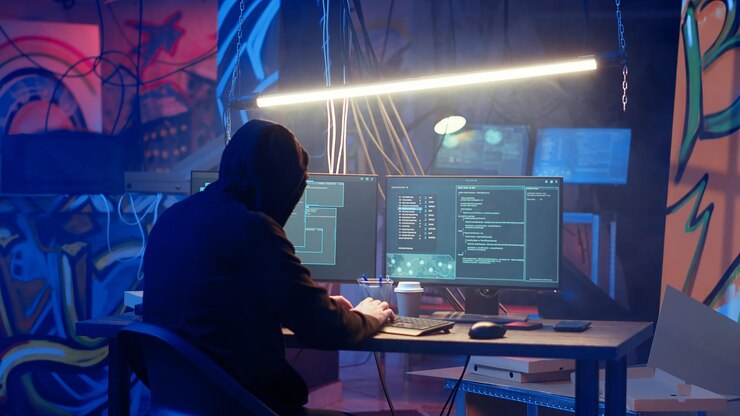 Foto hacker encapuchado dejando un refugio subterráneo iluminado con neón después de lanzar un ataque ddos