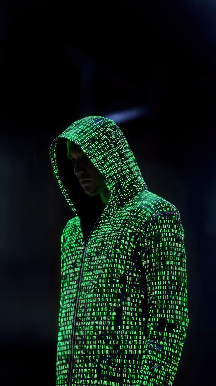 Foto hacker encapuchado hecho de código verde digital en una habitación oscura con luces brillantes concepto de cyber force que destaca los ataques de phishing de seguridad cibernética y los riesgos de guerra cibernética