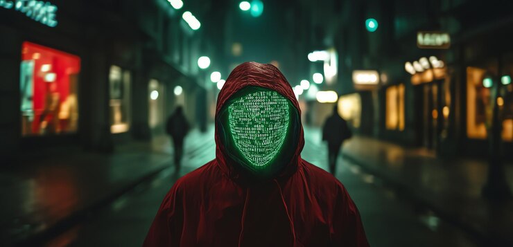 Foto hacker encapuchado con una máscara hecha de código digital brillante generado por la ia