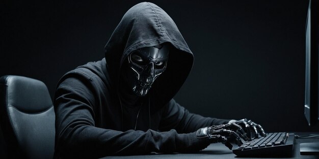 Hacker encapuchado robando información de una computadora personal Fondo oscuro
